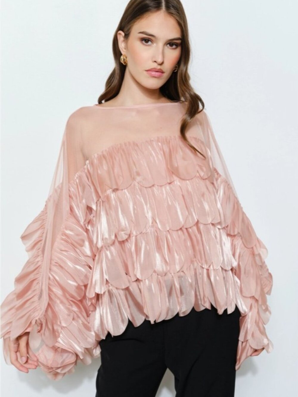 INA Mauve Ruffle Blouse Sheer Organza Scallop Layered Statement Top - Large - Picture 2 of 5